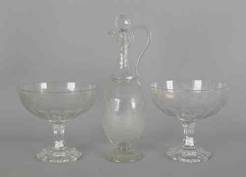 Appraisal: Pair of etched colorless glass compotes together with an ewer