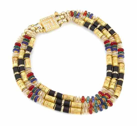 Appraisal: An Ellelle Multistrand Goldtone and Bead Necklace red green and