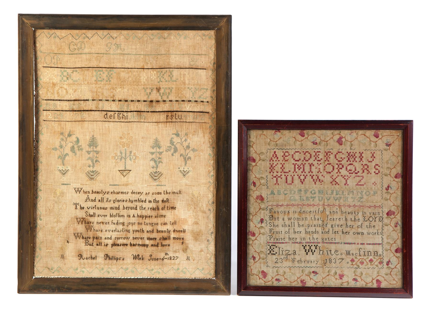 Appraisal: TWO AMERICAN SAMPLERS Large sampler dated silk on linen Alphabets