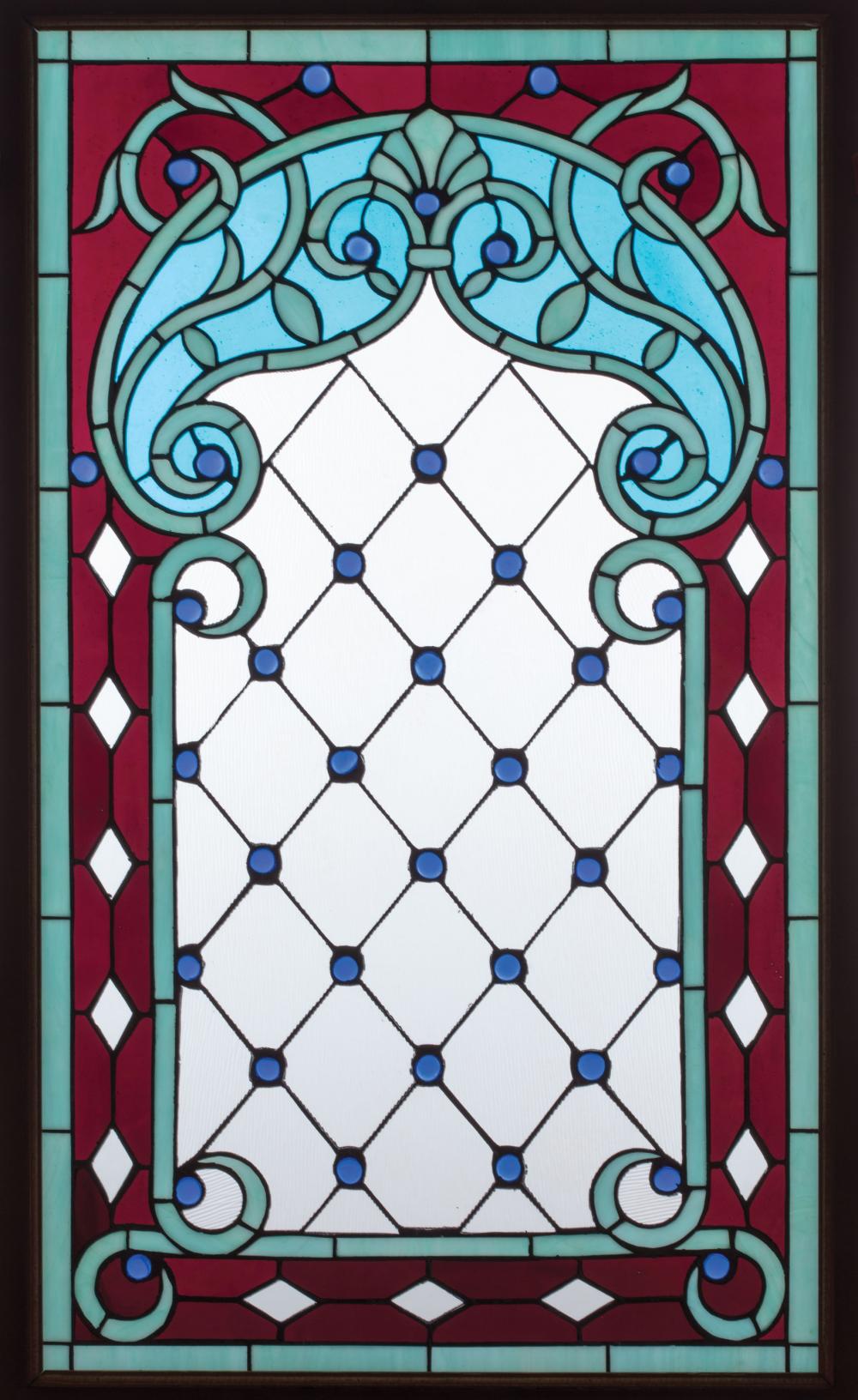 Appraisal: American Polychrome Leaded Glass Window Pane anthemion centered foliate motif