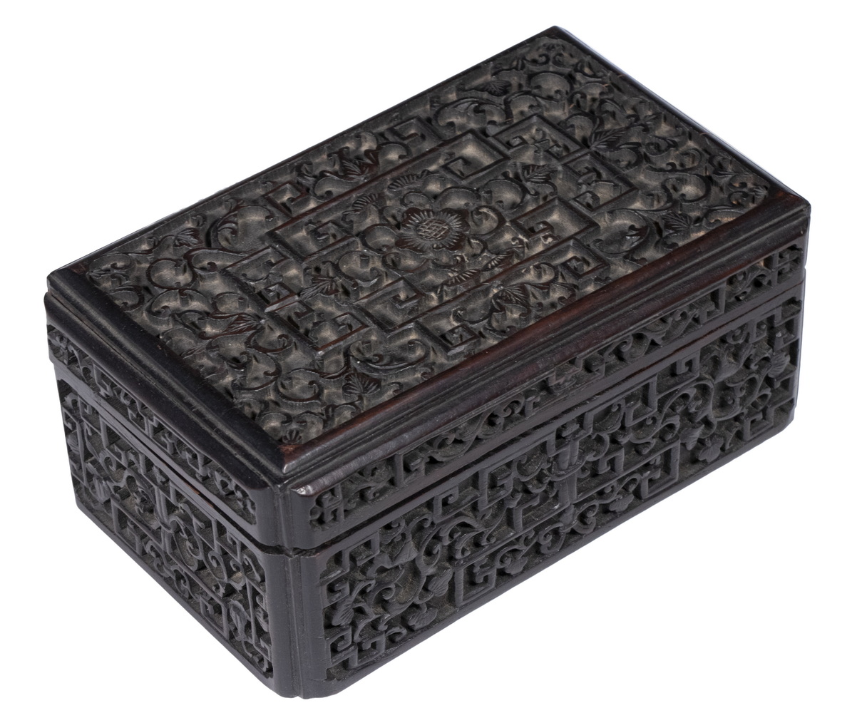 Appraisal: CHINESE CARVED ZITAN WOOD BOX th c Lidded Box surface