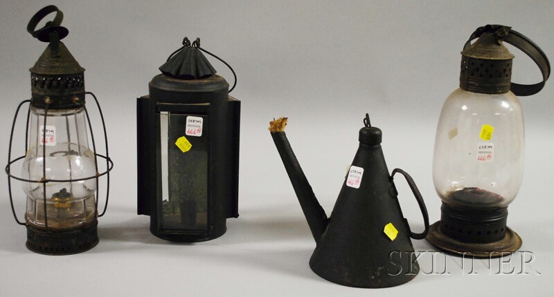 Appraisal: Three Tin and Glass Lanterns and a Sheet Iron Spout