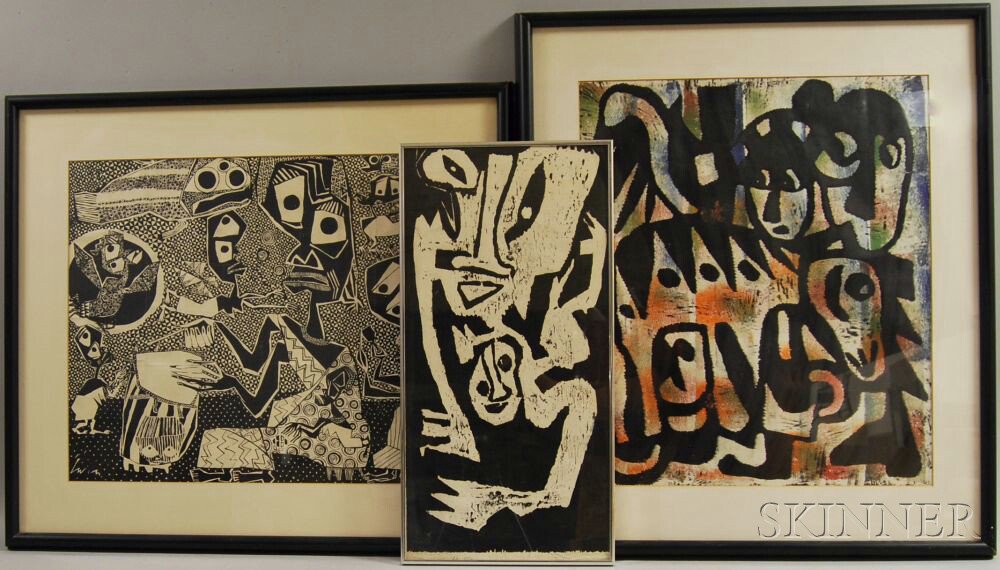 Appraisal: Three Framed th Century African-inspired Tribal Prints one signed and