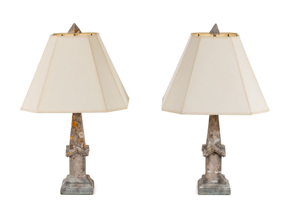 Appraisal: A Pair of Weathered Cast Stone Obelisks Mounted as Lamps