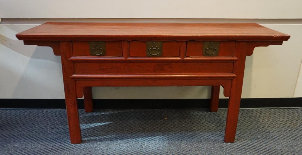 Appraisal: Chinese Red Painted and Metal Mounted Altar Table x x