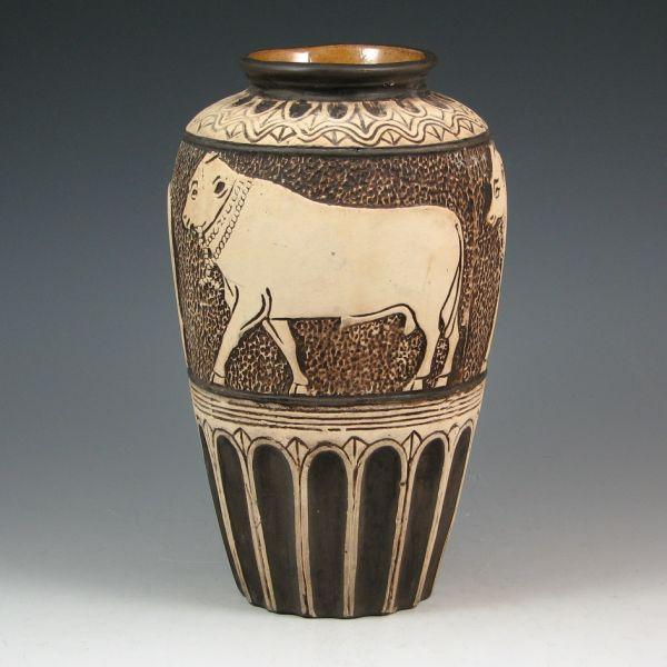 Appraisal: Weller Burntwood vase with Egyptians motif of plowing oxen Mint