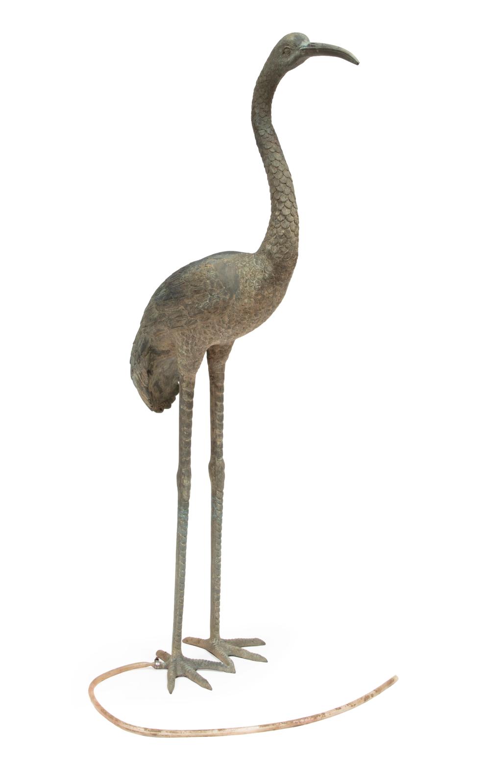 Appraisal: Large Patinated Bronze Garden Figure of a Crane fitted as