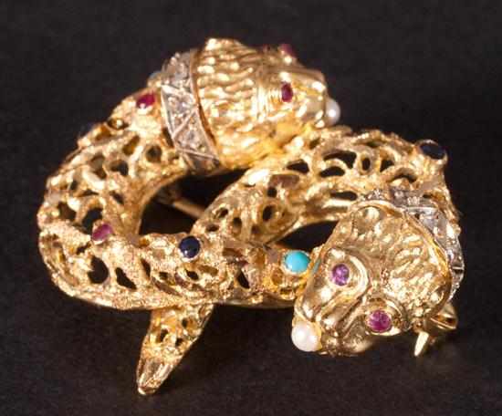 Appraisal: K gold diamond ruby sapphire pearl and turquoise chimera-form brooch