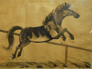 Appraisal: A trio of Chinese monochrome watercolours of galloping horses red