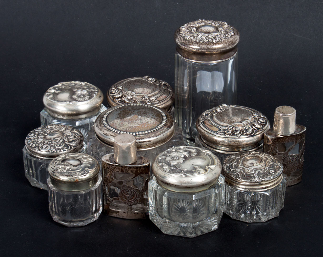 Appraisal: Eight sterling silver mounted glass jars together with small Mexican