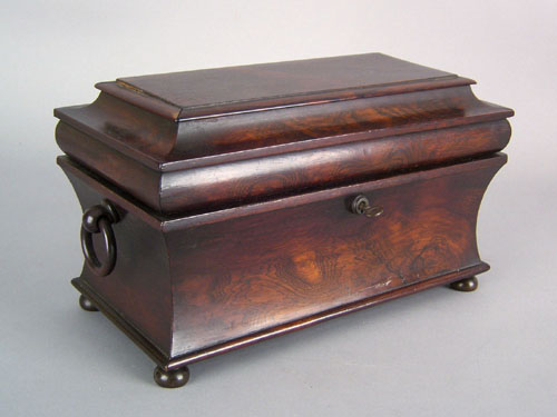 Appraisal: English rosewood tea caddy ca of sarcophagus form h w