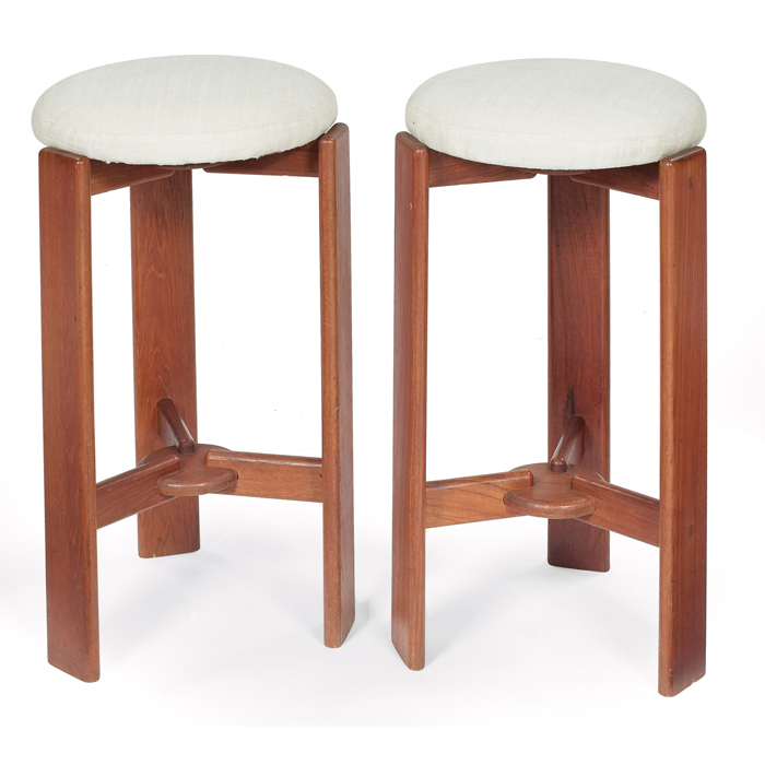 Appraisal: Danish bar stools pair teak designer unknown reupholstered seats ''dia