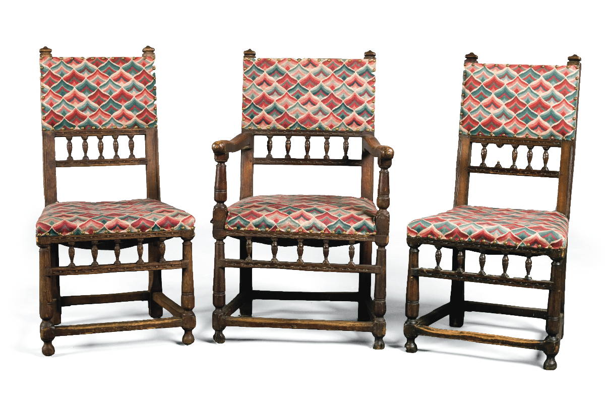 Appraisal: SET OF EIGHT CONTINENTAL JACOBEAN OAK CHAIRS WITH FLAME STITCH