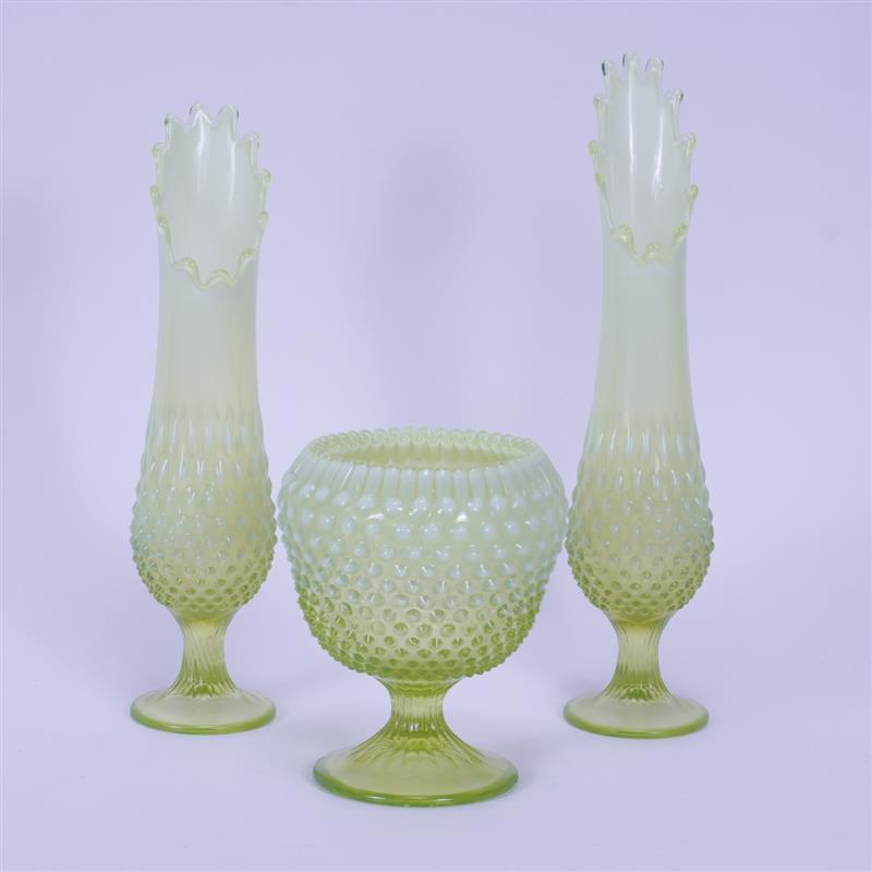 Appraisal: Fenton Glass Pair of Canary Opalescent Swung Vases in Hobnail