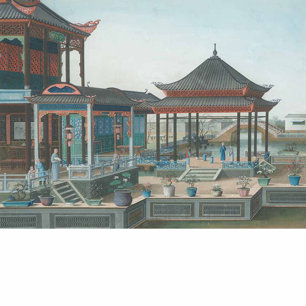 Appraisal: China Trade School th Century Figures around a court pavilion