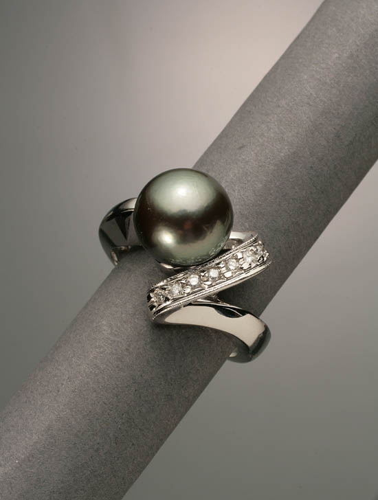 Appraisal: -Karat White-Gold Tahitian Black Pearl and Diamond Dinner Ring The