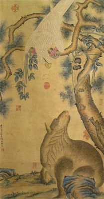 Appraisal: A Chinese scroll painting of a parrot looking down on