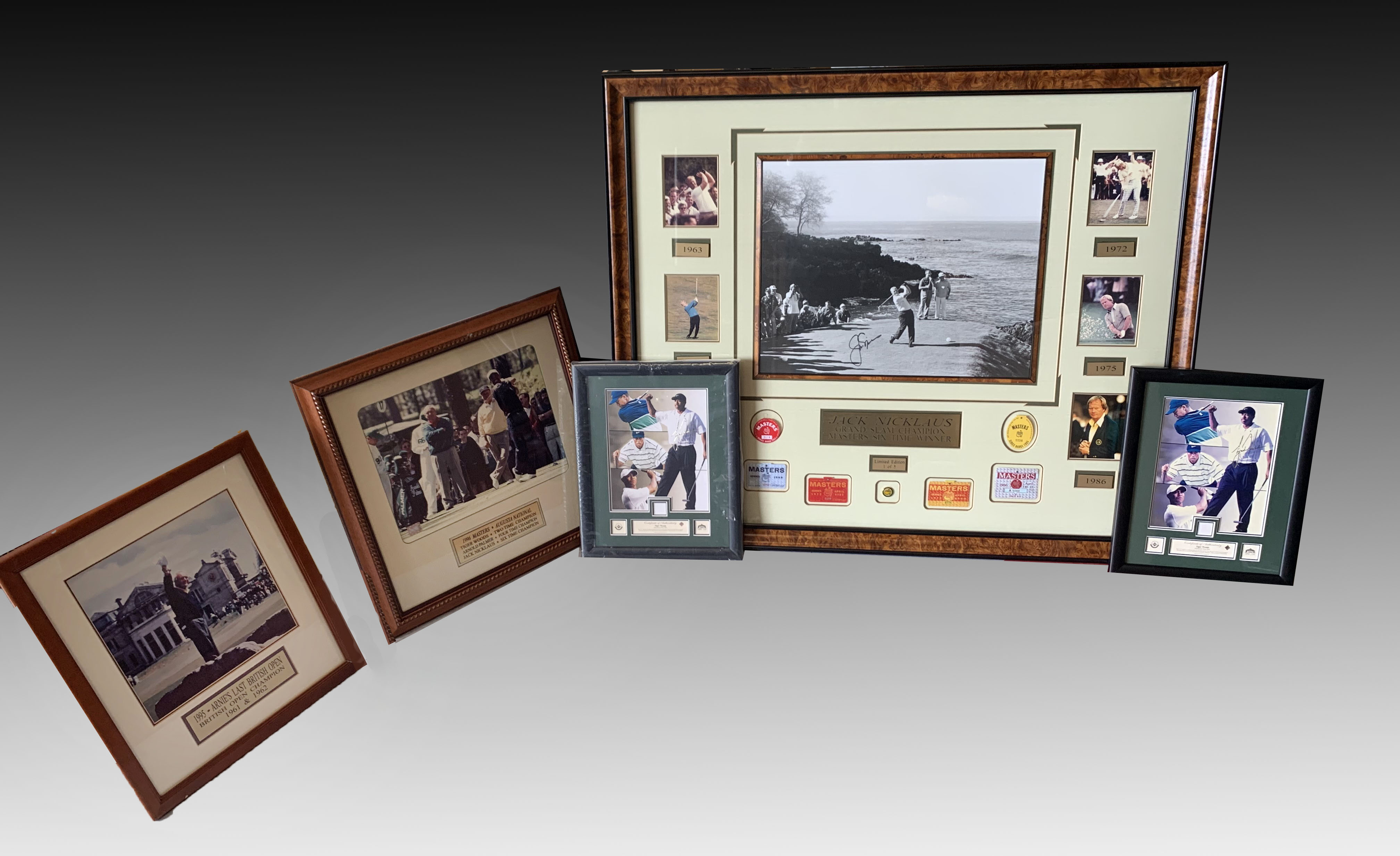 Appraisal: FRAMED GOLF PHOTO COLLECTION Comprising - Tiger Woods tournament-worn shirty