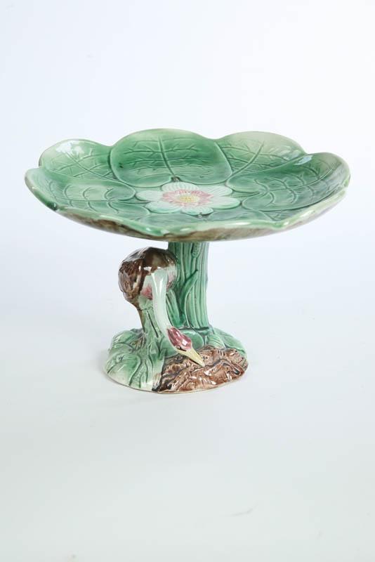 Appraisal: MAJOLICA COMPOTE Unattributed Lily pad dish with central flower supported