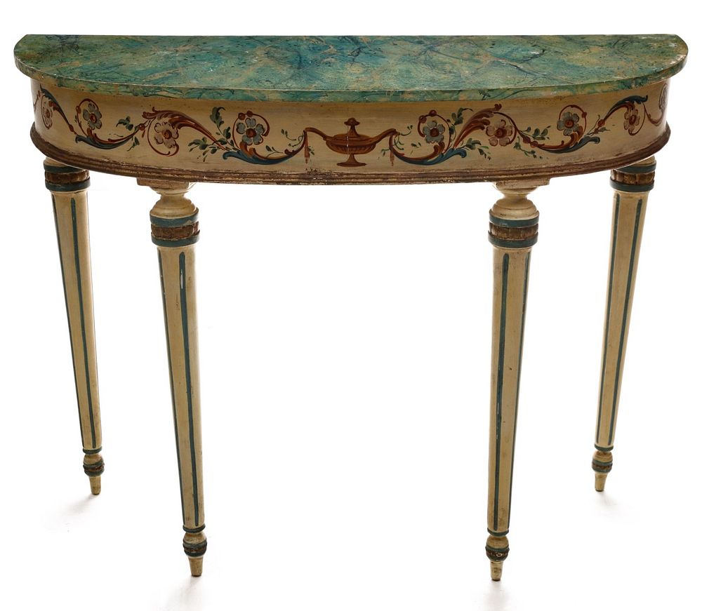 Appraisal: AN EARLY TH CENTURY PAINTED DEMILUNE CONSOLE TABLE The shaped