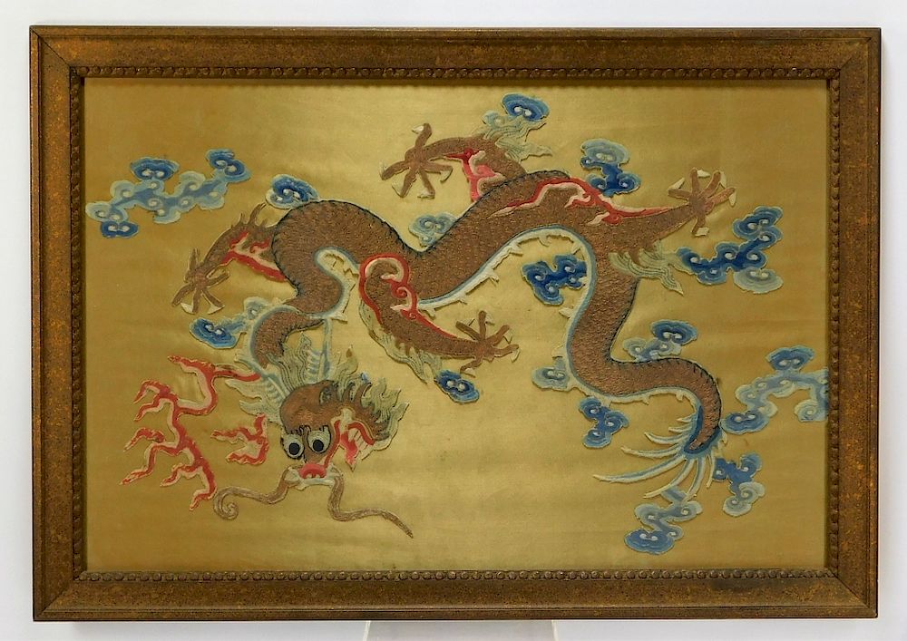 Appraisal: C Chinese Gold Thread Five Toed Dragon Textile China th