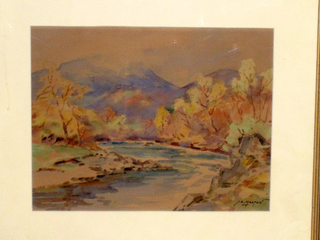 Appraisal: JOHN KIDD MAXTON Watercolour Highland Landscape with a river signed