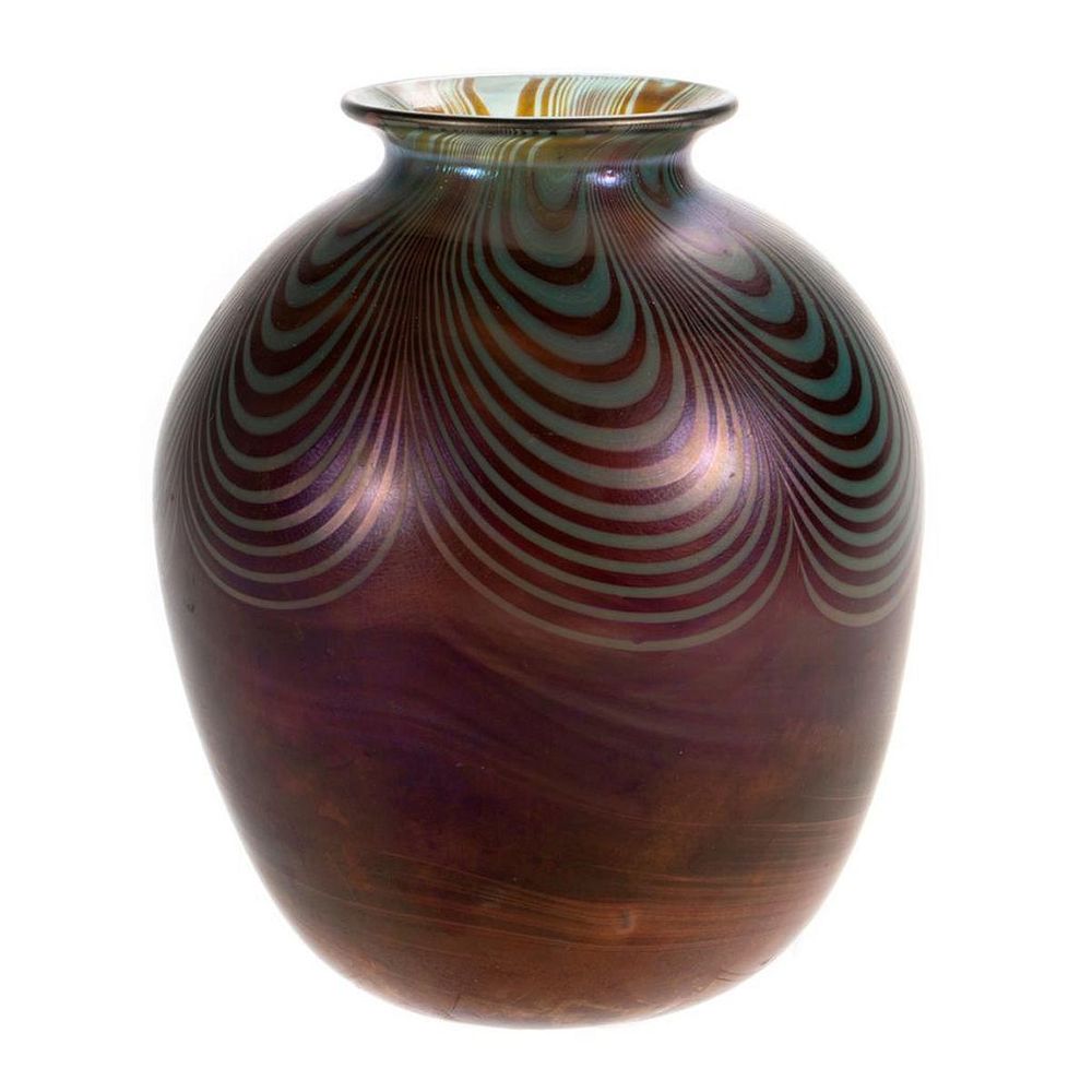 Appraisal: Donald Carlson Iridescent Art Glass Vase Donald Carlson feathered vase