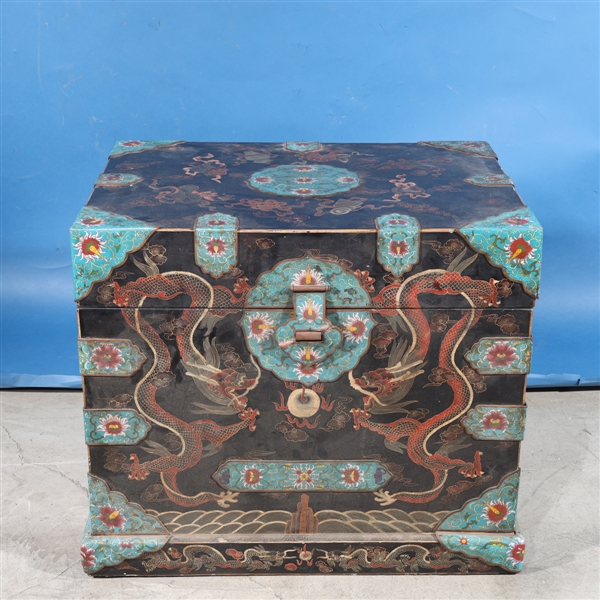 Appraisal: Chinese wood and metal enameled chest with dragons and flaming