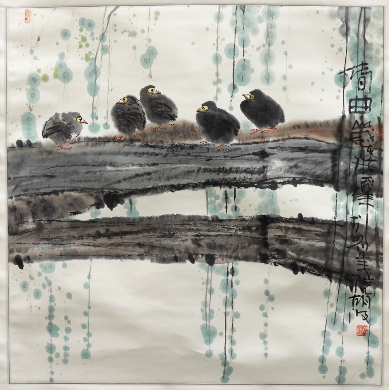 Appraisal: HU BO AVIAN SCROLL PAINTING China th CenturyDepicts five birds