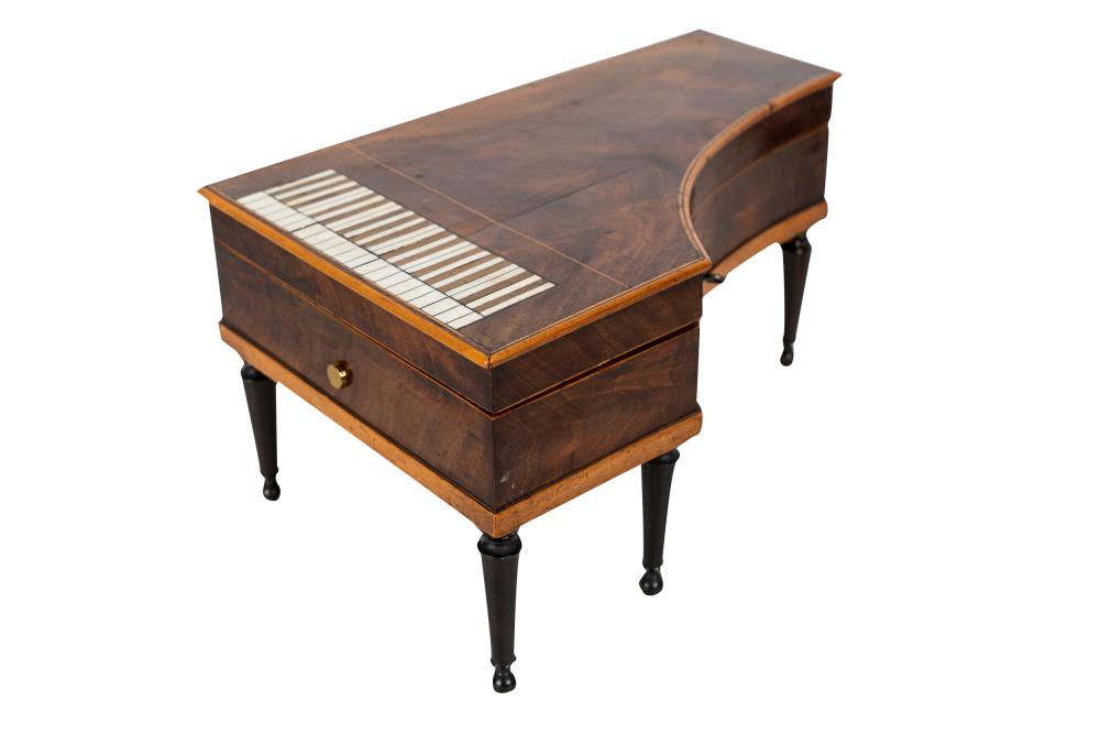 Appraisal: FRENCH MAHOGANY PIANO-FORM NECESSAIREthe hinged lid reversing to a mirror