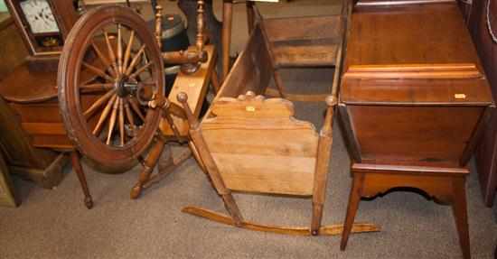 Appraisal: American primitive pine dough box primitive wood cradle spinning wheel