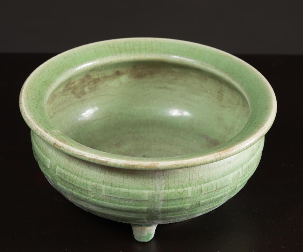 Appraisal: CHINESE LONGQUAN CELADON CENSER circular form and tri-footed of low