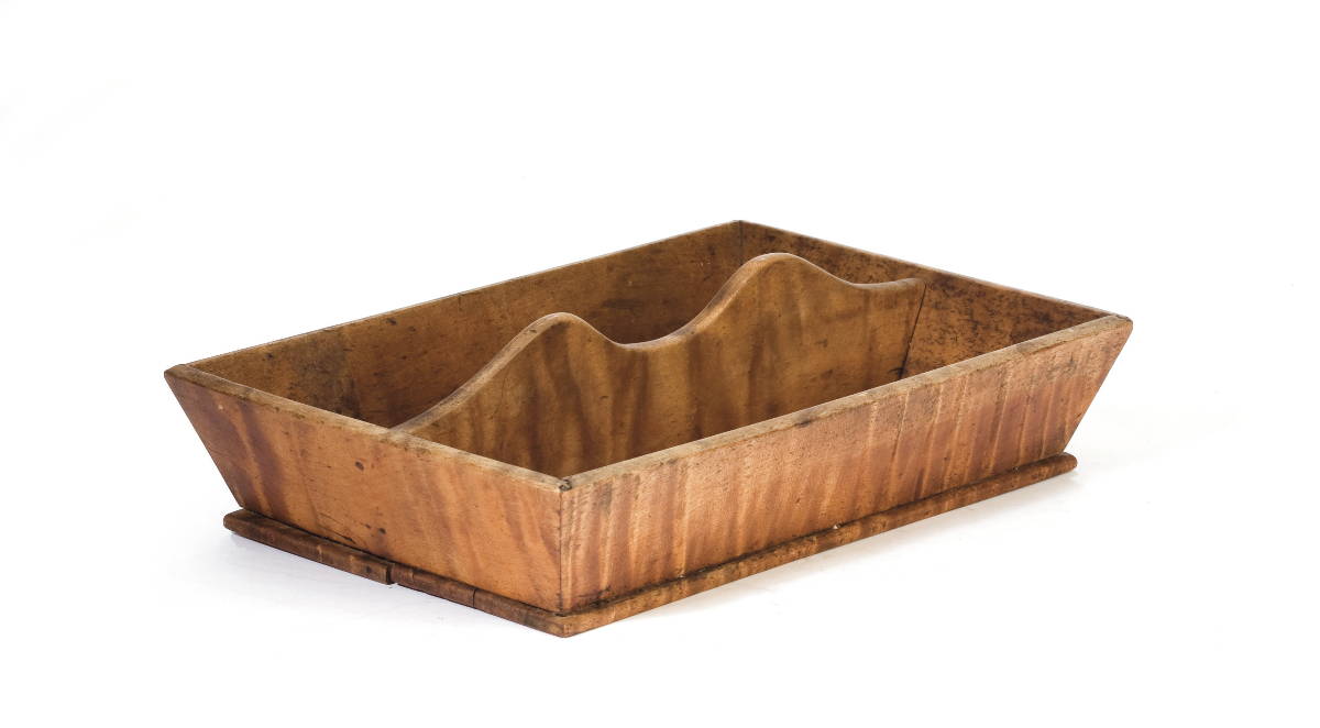 Appraisal: NEW ENGLAND FIGURED MAPLE CUTLERY TRAY Length inches