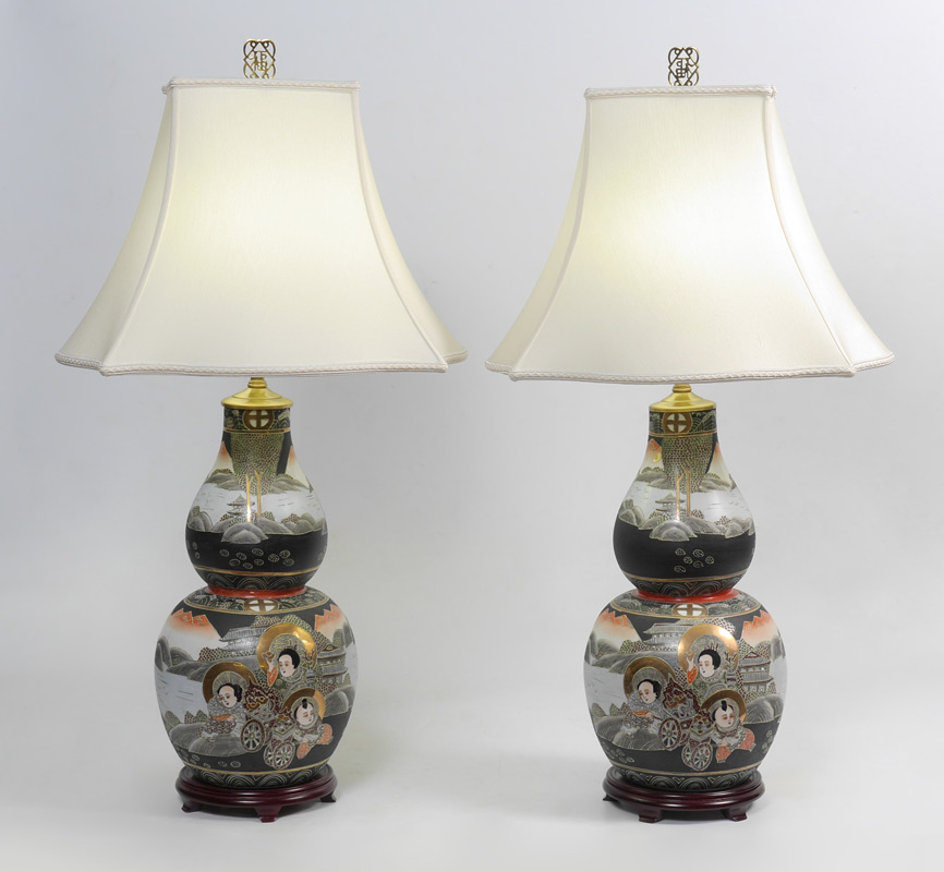 Appraisal: PAIR JAPANESE SATSUMA LAMPS Double gourd form vase with figures