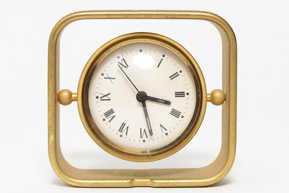 Appraisal: Italian Desk Clock Gilt Bronze Leather s Mid-Century Modern Italian