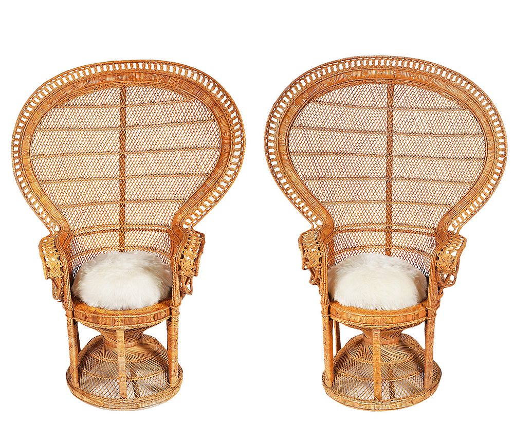 Appraisal: Pr 'Emmanuelle' Style Peacock Wicker Chairs Pair of vintage iconic