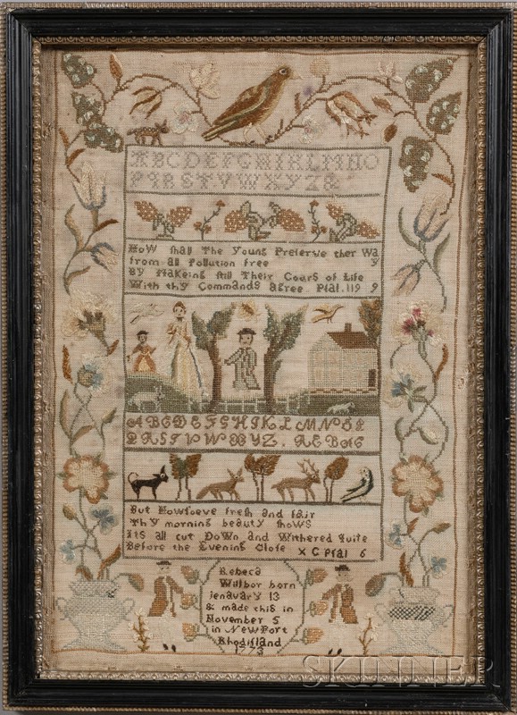 Appraisal: Newport Rhode Island Needlework Sampler Rebeca Willbor Newport Rhode Island