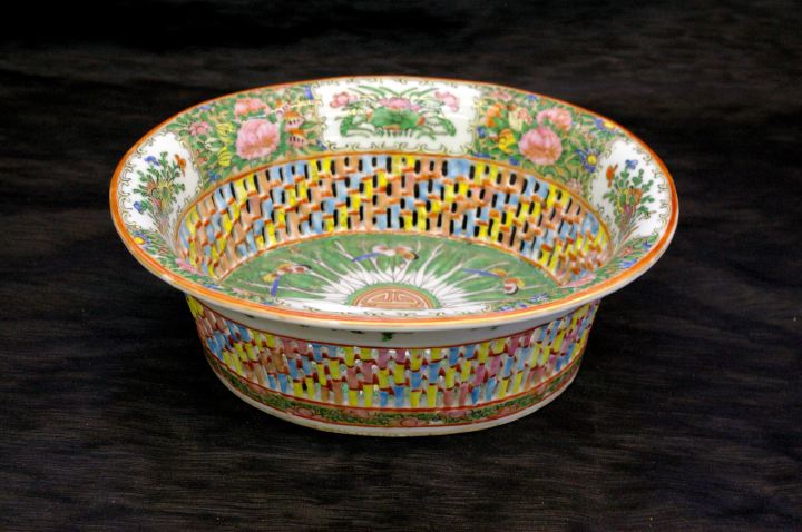 Appraisal: Chinese Export Brilliantly Enameled Oval Rose Medallion Reticulated Porcelain Strawberry