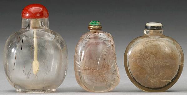 Appraisal: Five quartz snuff bottles th Century The first with needle-like