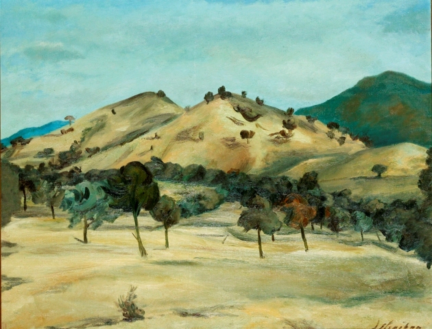 Appraisal: Unknown Australian artist Trees and Golden Hills oil on canvas