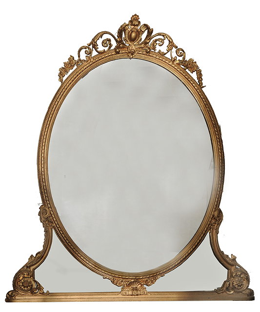 Appraisal: A LARGE VICTORIAN OVAL GILT GESSO OVERMANTLE MIRROR large central