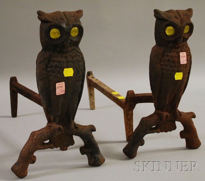 Appraisal: Pair of Cast Iron Owl Figural Andirons with Yellow Glass