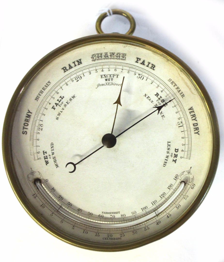 Appraisal: A brass drum case barometer thermometer circa cm diameter