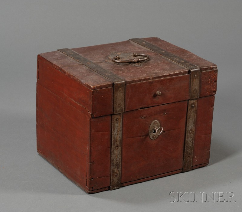 Appraisal: Red-painted Iron-bound Box th century shrinkage cracks ht wd dp