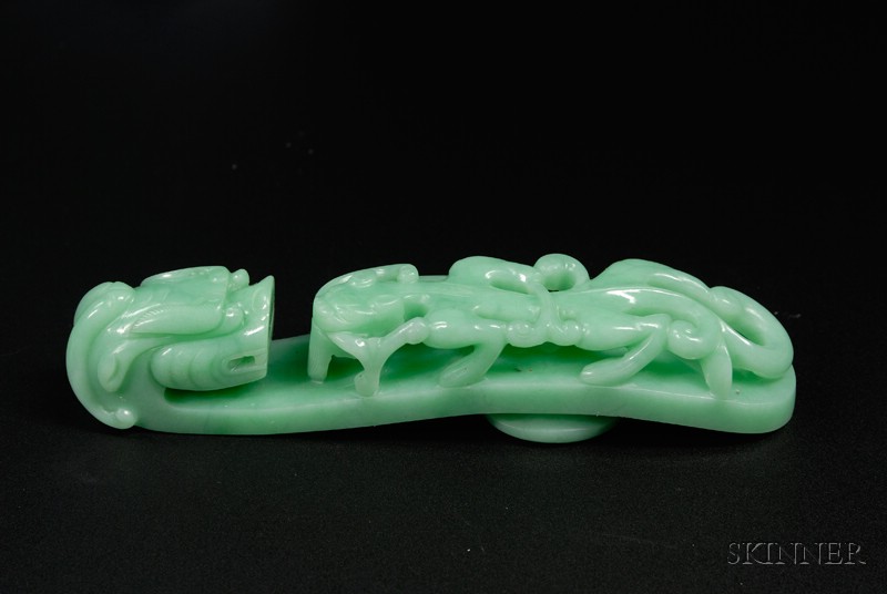 Appraisal: Jade Buckle th century uniform bright apple green color dragon