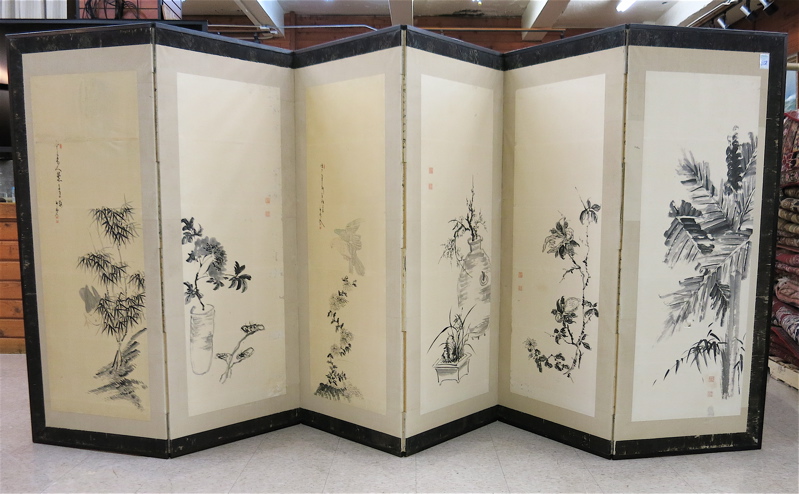 Appraisal: SIX PANEL PAPER SCREEN Japanese th century featuring six hand