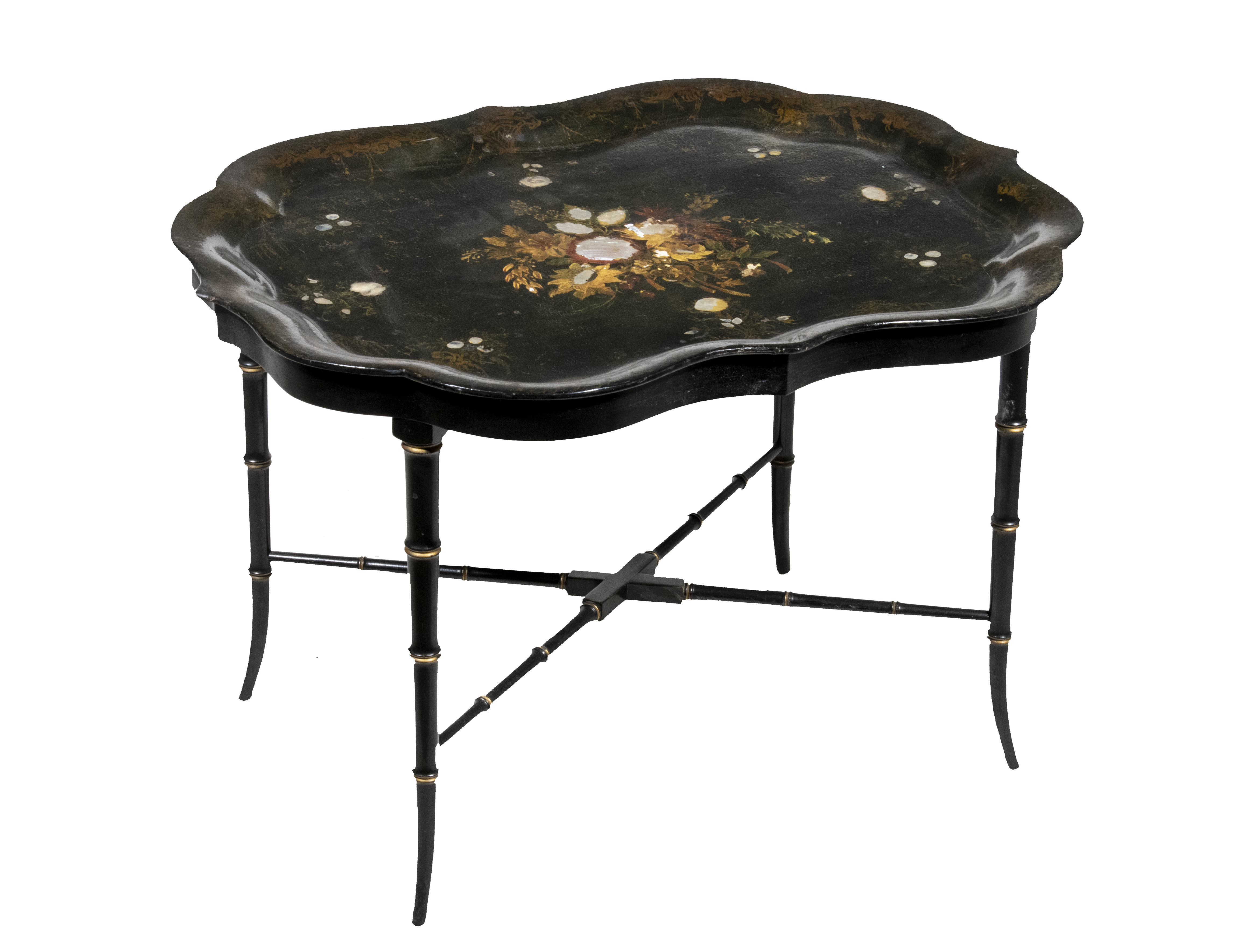 Appraisal: PAPIER MACHE TRAY ON STAND Victorian Chippendale Style Papier Mache