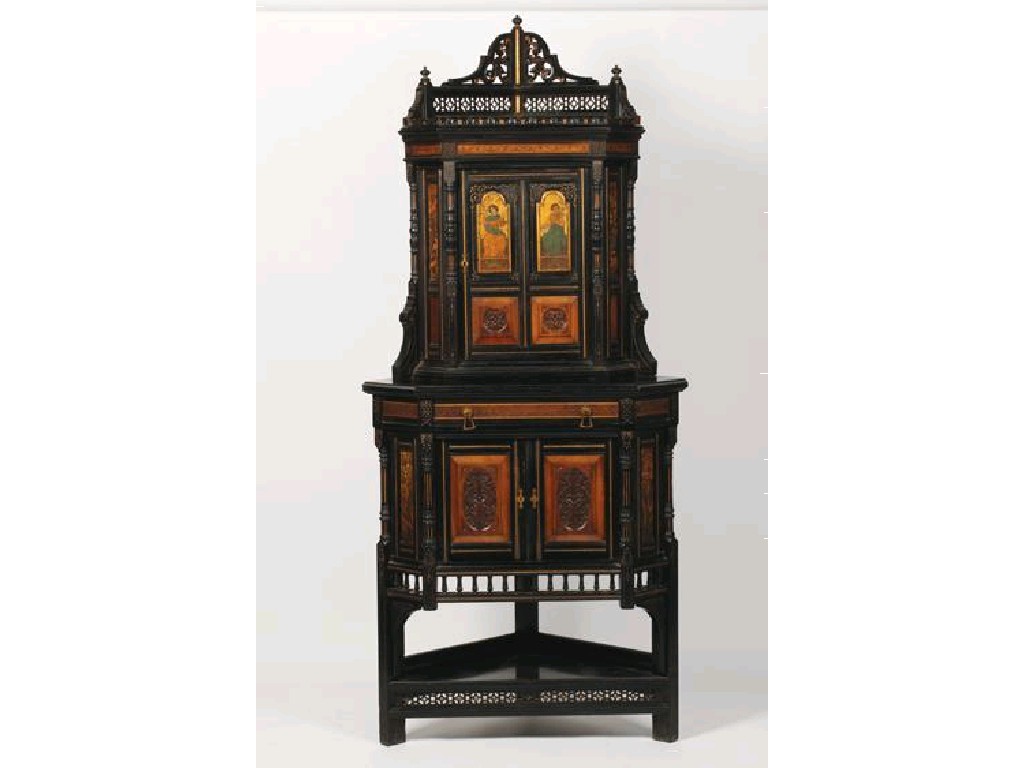 Appraisal: AN AESTHETIC PERIOD EBONISED GILT AND PAINTED CORNER CUPBOARD the