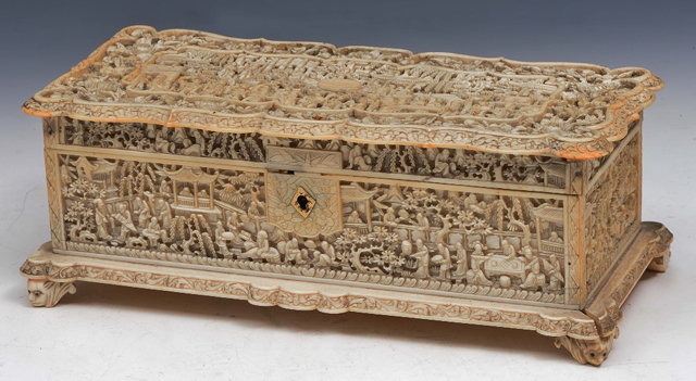 Appraisal: A CHINESE CANTON CARVED IVORY RECTANGULAR BOX and cover temple