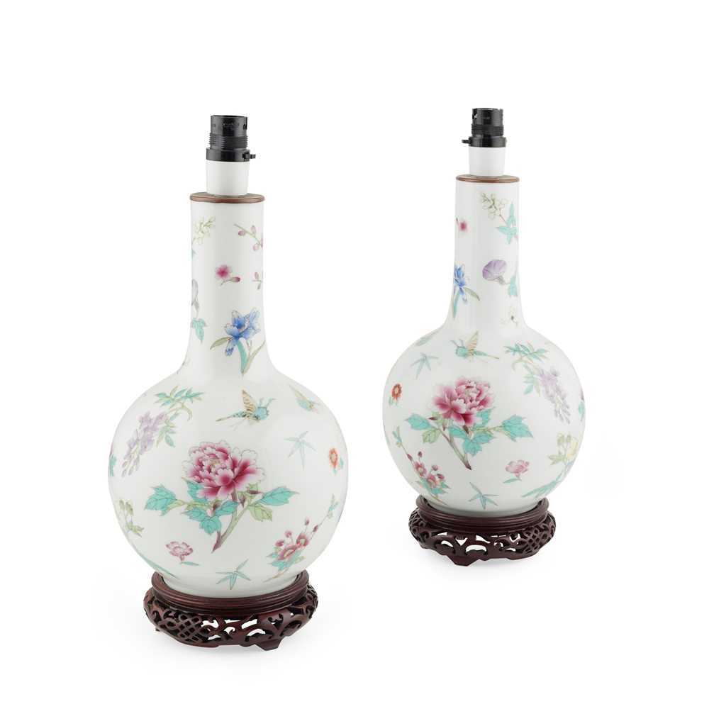 Appraisal: PAIR OF FAMILLE ROSE BOTTLE VASES TH CENTURY each finely